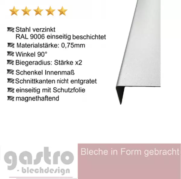 Winkel 2-fach gekantet Stahl verzinkt RAL 9006 Weißaluminium 0,75mm